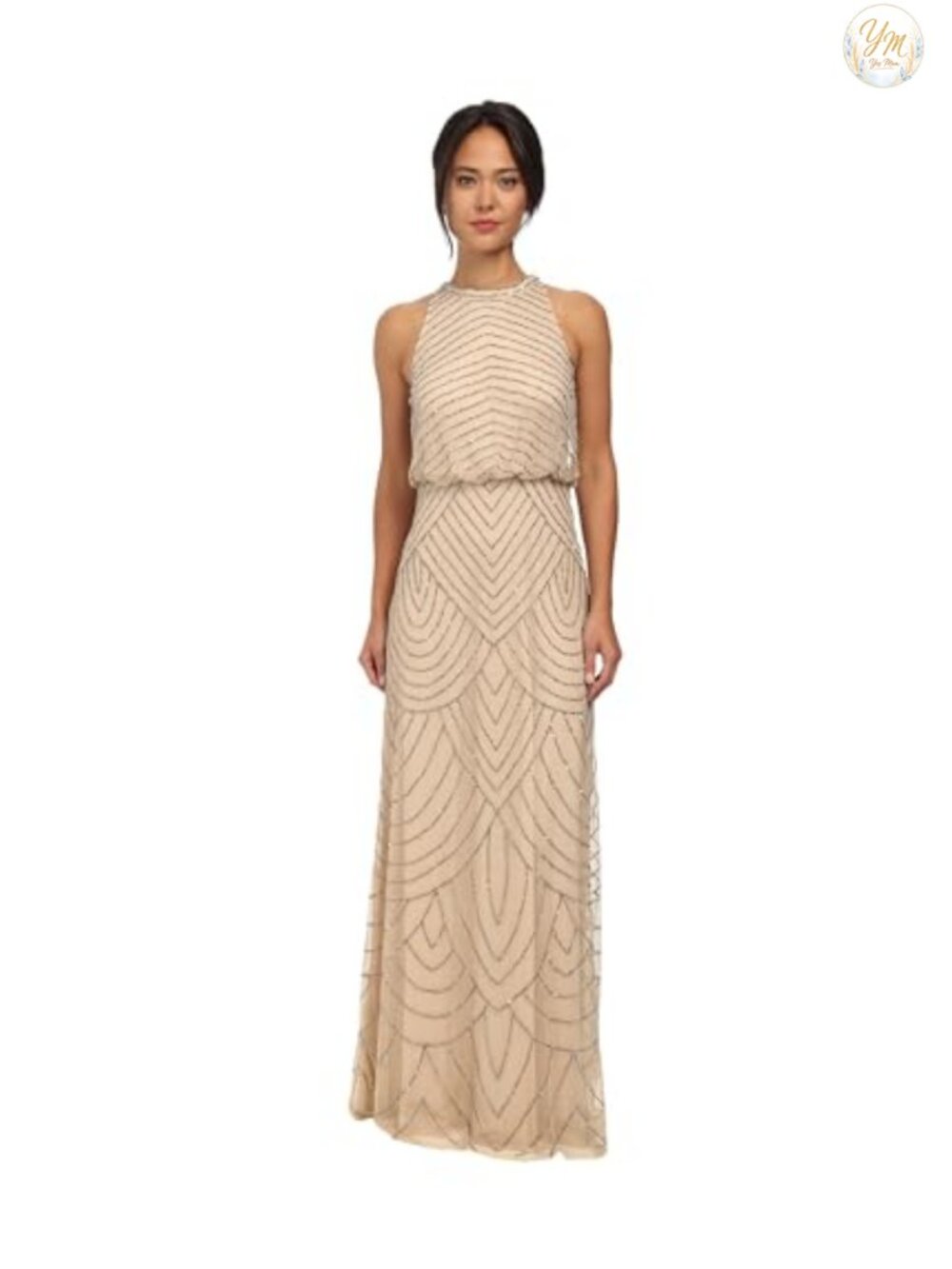 Beaded Halter Blouson Evening Gown Formal Dress